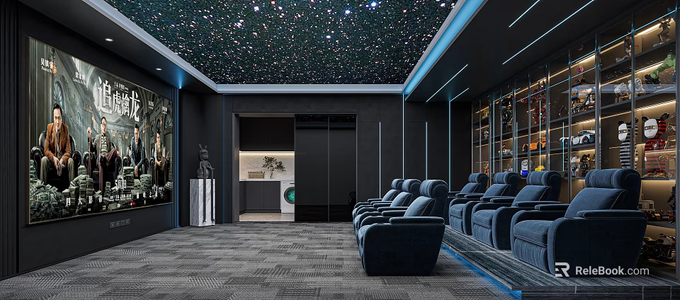 Modern Home Theater Room Interior With Starry Ceiling And Comfortable Sofas 3d model 