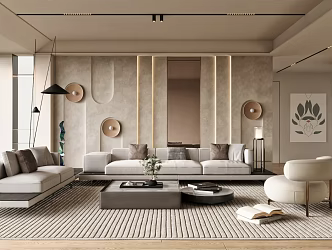 Cream wind living room sofa coffee table combination leisure chair background wall picture floor lamp 3d model