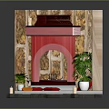 Traditional Indoor Scene with Stone Walls Red Cushions Colorful Rug Lattice Window Fireplace and Plants