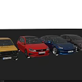 Four Different Colored Cars Parked On Desert Landscape With Mountains