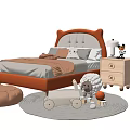 Kids Bed With Upholstered Headboard Plush Pillows Wooden Nightstand And Playful Toys