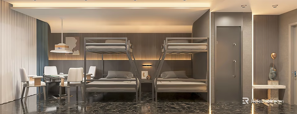 Hotel Guest Room Featuring Two Bunk Beds Nightstand Table Lamp And Striped Walls 3d model 