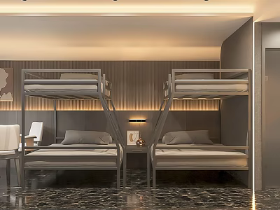 Hotel Guest Room Featuring Two Bunk Beds Nightstand Table Lamp And Striped Walls 3d model