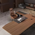 Modern Office Desk With Wooden Top Laptop Desk Lamp And Dark Wooden Bookshelves