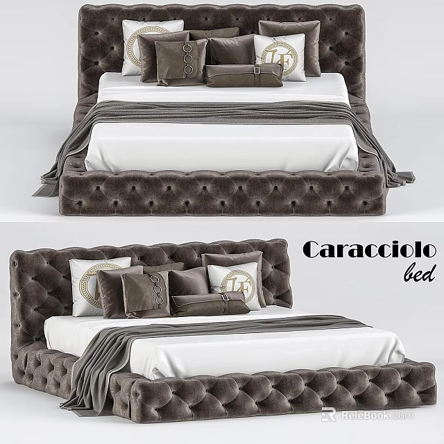Caracciolo Velvet Tufted Double Bed With Decorative Pillows And Blanket 3d model 