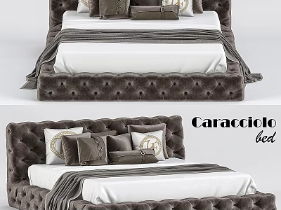 Caracciolo Velvet Tufted Double Bed With Decorative Pillows And Blanket 3d model