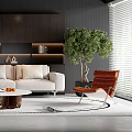 Modern Living Room Interior With Beige Sofa Round Coffee Table Wooden Shelves And Green Plant