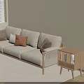Light Beige Three-Seater Sofa with Throw Pillows and Wooden Side Table in Minimalist Living Room