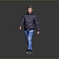 Man Walking in Dark Blue Puffer Jacket Blue Jeans and Black Shoes on Gray Background