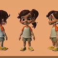 Cartoon Woman with Pigtails in Orange White Top Khaki Shorts Yellow Shoes Warm Orange Background