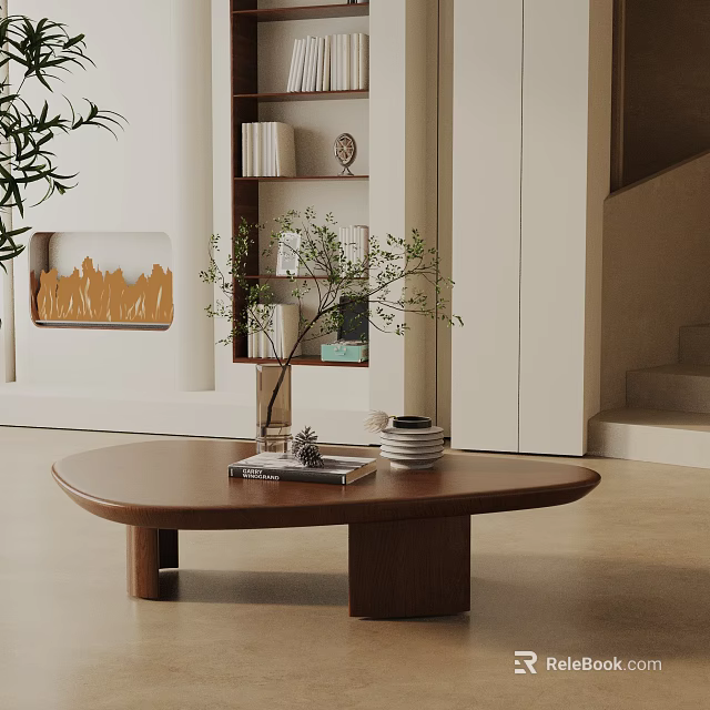 Minimalist Interior Sofa And Coffee Table Set With Green Plant Bookshelf And Decorations 3d model 