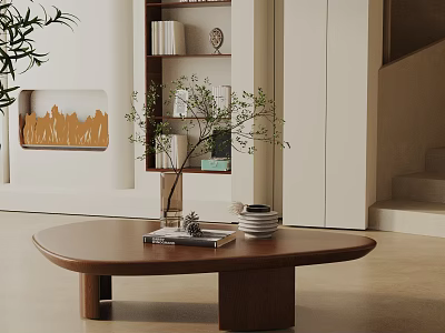 Minimalist Interior Sofa And Coffee Table Set With Green Plant Bookshelf And Decorations 3d model