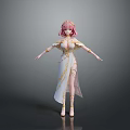 Cute Child With Pink Hair Wearing White Dress And Golden Details In Standing Pose