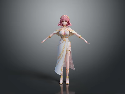 Cute Child With Pink Hair Wearing White Dress And Golden Details In Standing Pose 3d model