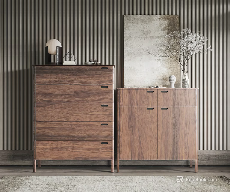 Elegant Modern Wooden Entryway Cabinet Sideboard With Drawers Doors And Decor Items 3d model 