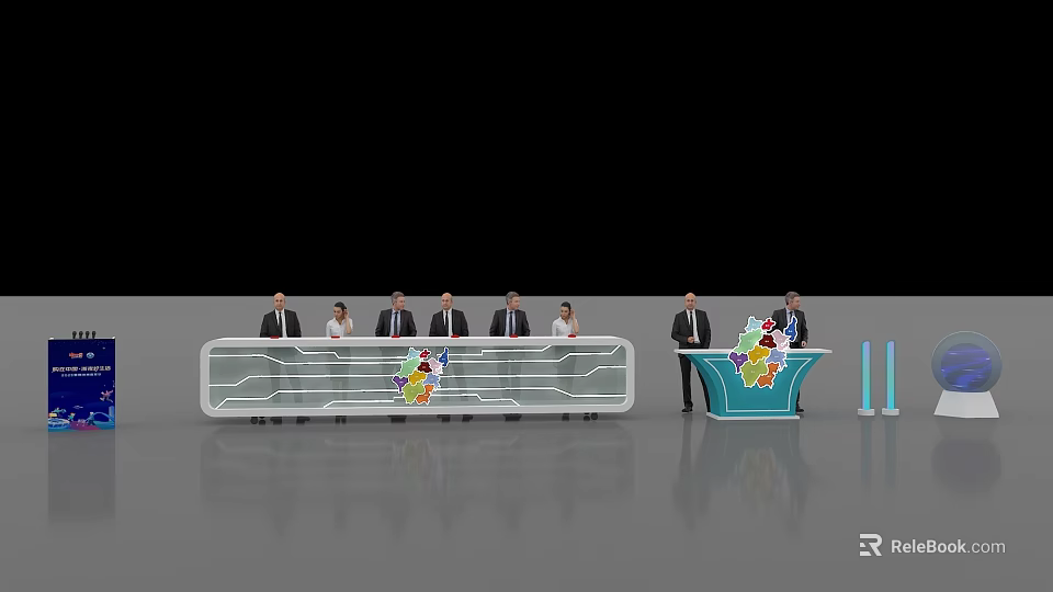 Launch Device With White Counter People Standing Blue Platform And Colorful Graphics 3d model 