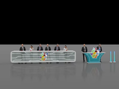 Launch Device With White Counter People Standing Blue Platform And Colorful Graphics 3d model