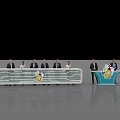 Launch Device With White Counter People Standing Blue Platform And Colorful Graphics