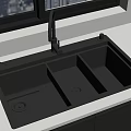 Black Double Bowl Kitchen Sink With Faucet On White Countertop Near Window