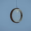 Circular Pendant Light with Dark Wooden Frame and White Slats on Yellow Wall