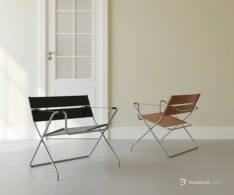 Two Modern Leisure Chairs With Black And Brown Seats And Metal Frames In Bright Interior 3d model 