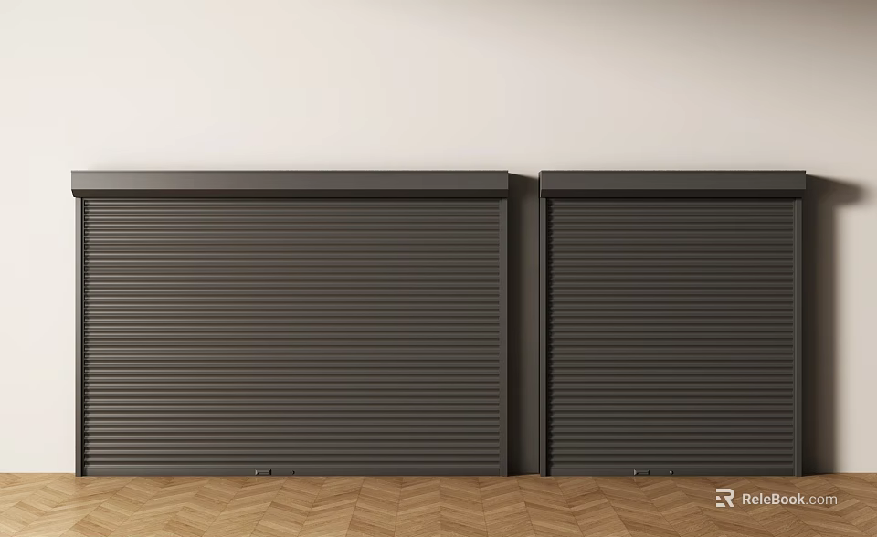 Black Roller Shutters Design Against Light Colored Wall And Wooden Floor 3d model 