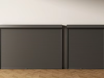 Black Roller Shutters Design Against Light Colored Wall And Wooden Floor 3d model