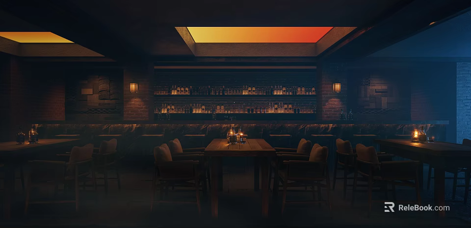 Cozy Bar Interior With Dim Lighting Wooden Furniture And Liquor Shelves 3d model 