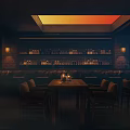 Cozy Bar Interior With Dim Lighting Wooden Furniture And Liquor Shelves