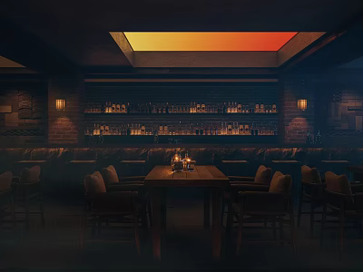 Cozy Bar Interior With Dim Lighting Wooden Furniture And Liquor Shelves 3d model