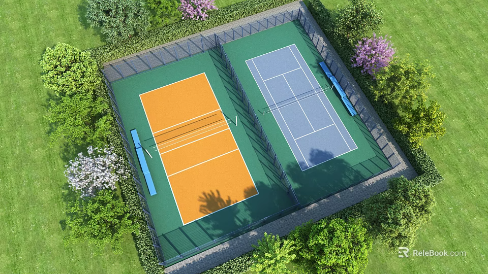 Two Orange And Blue Tennis Courts Surrounded By Green Grass And Trees With Fence 3d model 