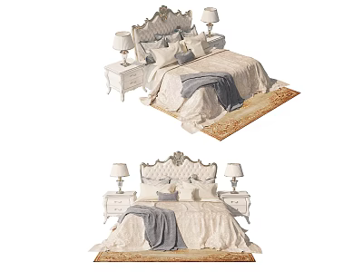 Elegant Double Bed With Carved Headboard Nightstands Table Lamps Pillows Blanket And Rug 3d model