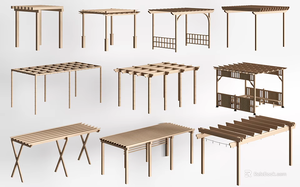 Multiple Wooden Pergola Designs With Diverse Structures For Outdoor Garden Areas 3d model 