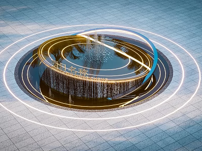 Illuminated Garden Landscape With Circular Fountain Design And Paved Ground Lights 3d model