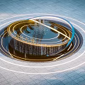 Illuminated Garden Landscape With Circular Fountain Design And Paved Ground Lights