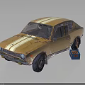 Yellow Old Car With White Stripes And Rusty Body Near Blue Toolbox