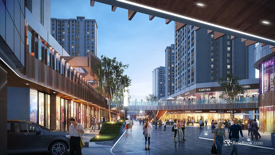 Modern Commercial Street With High Rise Buildings Pedestrians Shops And Evening Lighting 3d model 
