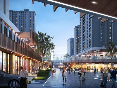 Modern Commercial Street With High Rise Buildings Pedestrians Shops And Evening Lighting 3d model