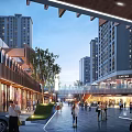 Modern Commercial Street With High Rise Buildings Pedestrians Shops And Evening Lighting