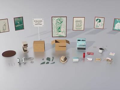 Vintage Decorative Items Collection With Framed Posters Boxes And Small Crafts 3d model