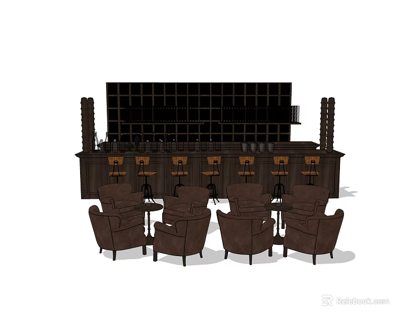 Elegant Bar Setup With Black Wine Rack High Stools Brown Armchairs And Small Round Tables 3d model