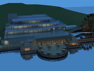 Modern Waterfront Building With Glass Facade Outdoor Terrace And Mountain View Lighting 3d model