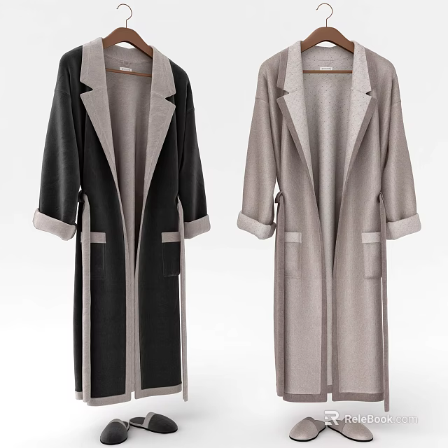 Stylish Long Lapel Coats in Black and Gray with Belted Design and Pockets 3d model 