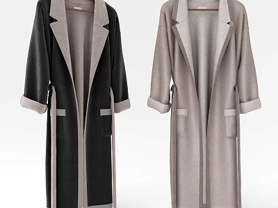 Stylish Long Lapel Coats in Black and Gray with Belted Design and Pockets 3d model