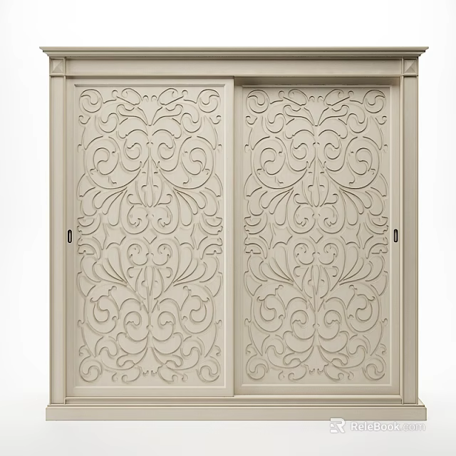 Elegant Classic Wardrobe Design With Double Light Beige Carved Pattern Doors 3d model 
