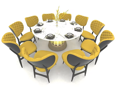 Round Dining Table Set With White Tabletop Gold Base And Yellow Black Chairs 3d model