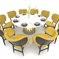 Round Dining Table Set With White Tabletop Gold Base And Yellow Black Chairs