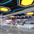 Modern Billiard Room Interior Design With Pool Tables Ceiling Lights Bar Counter And Posters