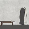 Modern Arched Floor Mirror With Metal Frame And Wooden Table In Interior
