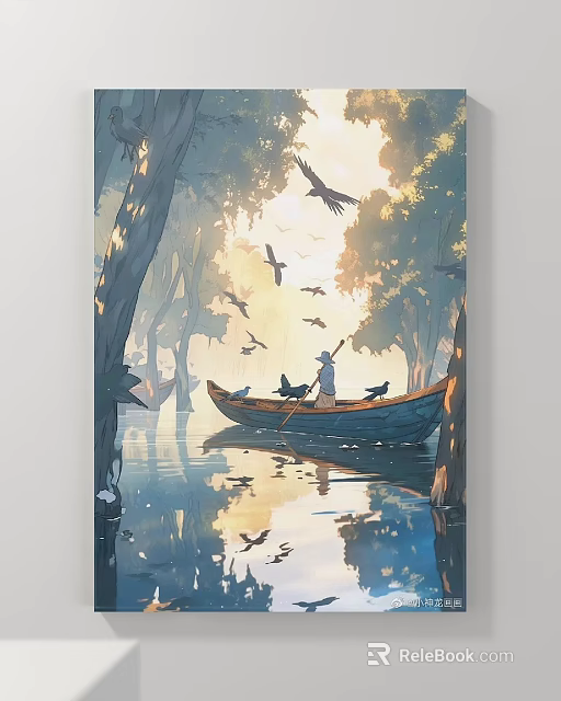 Scenic Landscape Painting With Tall Trees Calm Water Rowboat Flying Birds And Sunrise Reflections 3d model 